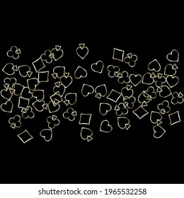 Pattern with symbols of gambling. Colored illustrations with hearts, spades, clubs, diamonds. Template for advertising parties, events in Vegas.