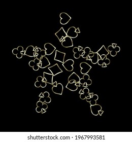 Pattern with symbols of gambling. Colored illustrations with hearts, spades, clubs, diamonds. Template for advertising parties, events in Vegas.