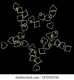 Pattern with symbols of gambling. Colored illustrations with hearts, spades, clubs, diamonds. Template for advertising parties, events in Vegas.