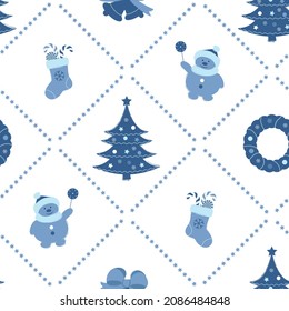 Сhristmas pattern with symbols of the holiday stylized as a hand drawing in blue colors For any cute project.