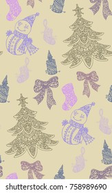 Pattern with the symbols of the New Year and Christmas made from complex ornaments for children and adults. The set contains a snowman, a boot, a bow, a Christmas tree, a candle and a Christmas sock.