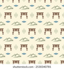 Pattern with symbols of oriental culture. Silhouette of pagoda, stylized mountains and waves. Decorative ornament. Traditional design elements of China and Nepal, Tibet and Indonesia, Japan. Vector