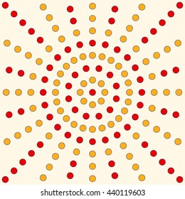 Pattern with symmetric geometric ornament. Abstract repeated bright circles background. Sun rays backdrop. Vector illustration
