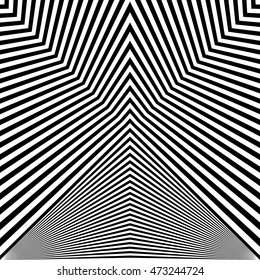 Pattern with symmetric geometric ornament. Black lines on white background. Op art style wallpaper. Vector abstract illustration