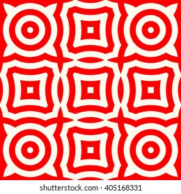 Pattern with symmetric geometric ornament. Red white circles and squares abstract background. Abstract repeated elements wallpaper. Vector illustration