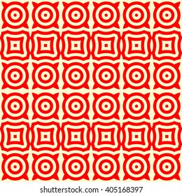 Pattern with symmetric geometric ornament. Red white circles and squares abstract background. Abstract repeated elements wallpaper. Vector illustration