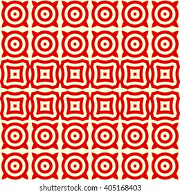 Pattern with symmetric geometric ornament. Red white circles and squares abstract background. Abstract repeated elements wallpaper. Vector illustration