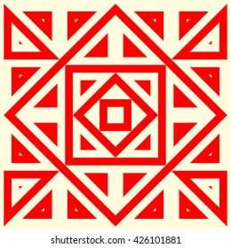 Pattern with symmetric geometric ornament. Red geometrical figures abstract background. Abstract repeated squares, rhombuses and triangles wallpaper. Vector illustration