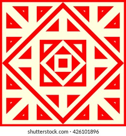 Pattern with symmetric geometric ornament. Red geometrical figures abstract background. Abstract repeated squares, rhombuses and triangles wallpaper. Vector illustration