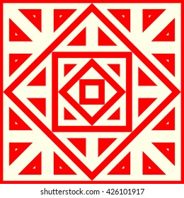 Pattern with symmetric geometric ornament. Red geometrical figures abstract background. Abstract repeated squares, rhombuses and triangles wallpaper. Vector illustration