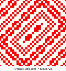 Pattern with symmetric geometric ornament. Red rhombuses, squares and curves abstract background. Ornament picture wallpaper. Vector illustration