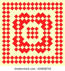 Pattern with symmetric geometric ornament. Red rhombuses, squares and curves abstract background. Ornament picture wallpaper. Vector illustration