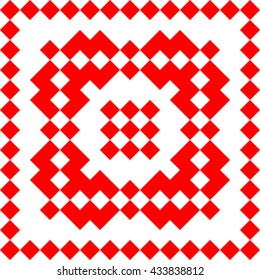 Pattern with symmetric geometric ornament. Red rhombuses, squares and curves abstract background. Ornament picture wallpaper. Vector illustration
