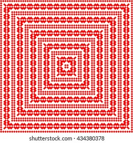 Pattern with symmetric geometric ornament. Red rhombuses, squares and curves abstract background. Ornament picture wallpaper. Vector illustration
