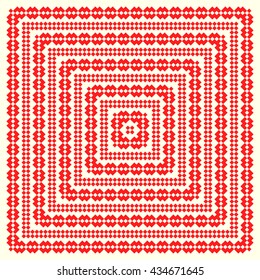 Pattern with symmetric geometric ornament. Red rhombuses, squares and curves abstract background. Ornamental picture wallpaper. Vector illustration