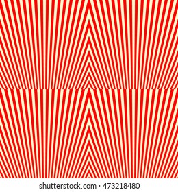 Pattern with symmetric geometric ornament. Red curves and lines on yellow background. Op art style wallpaper. Vector abstract illustration