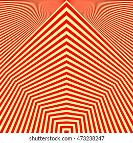 Pattern with symmetric geometric ornament. Red lines on yellow background. Op art style wallpaper. Vector abstract illustration