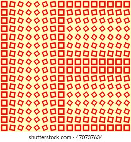 Pattern with symmetric geometric ornament. Repeated red squares and rhombuses on yellow background. Creative wallpaper. Vector illustration