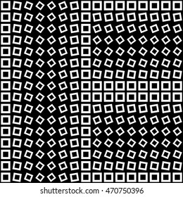 Pattern with symmetric geometric ornament. Repeated white squares and rhombuses on black background. Creative wallpaper. Vector illustration