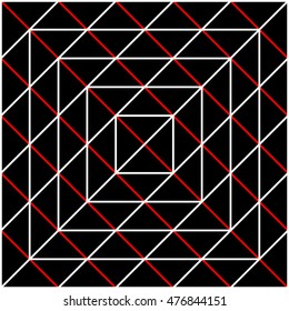 Pattern with symmetric geometric ornament. Repeated black triangles and red strokes on white background. Abstract wallpaper. Vector illustration 