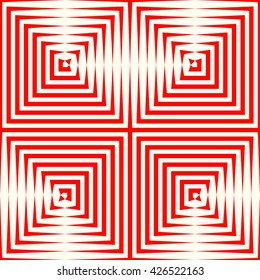 Pattern with symmetric geometric ornament. Repeating breaking red lines abstract background. Abstract repeated stylized squares wallpaper. Vector illustration