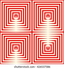 Pattern with symmetric geometric ornament. Repeating breaking red lines abstract background. Abstract repeated stylized squares wallpaper. Vector illustration