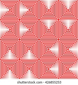 Pattern with symmetric geometric ornament. Repeating breaking red lines abstract background. Abstract repeated stylized squares wallpaper. Vector illustration