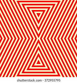 Pattern with symmetric geometric ornament. Striped red white abstract background. Abstract repeated triangles wallpaper. Vector illustration