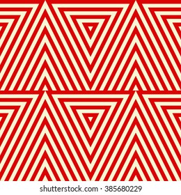 Pattern with symmetric geometric ornament. Striped red white abstract background. Abstract repeated triangles wallpaper. Vector illustration