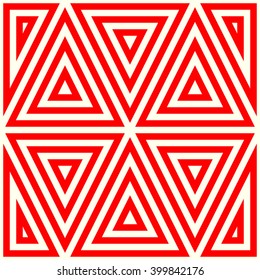 Pattern with symmetric geometric ornament. Striped red white abstract background. Abstract repeated triangles wallpaper. Vector illustration