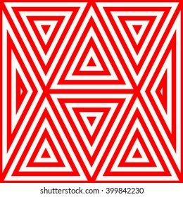Pattern with symmetric geometric ornament. Striped red white abstract background. Abstract repeated triangles wallpaper. Vector illustration