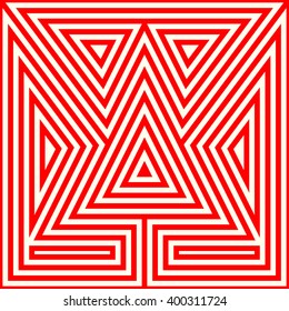Pattern with symmetric geometric ornament. Striped red white abstract background. Abstract repeated triangles wallpaper. Vector illustration
