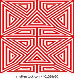 Pattern with symmetric geometric ornament. Striped red white abstract background. Abstract repeated triangles wallpaper. Vector illustration