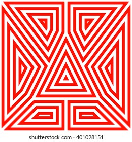 Pattern with symmetric geometric ornament. Striped red white abstract background. Abstract repeated triangles wallpaper. Vector illustration