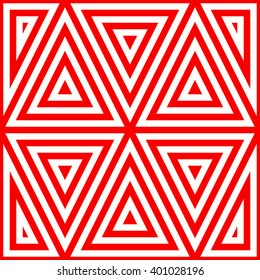 Pattern with symmetric geometric ornament. Striped red white abstract background. Abstract repeated triangles wallpaper. Vector illustration
