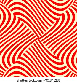 Pattern with symmetric geometric ornament. Striped red white abstract background. Abstract repeated wavy lines wallpaper. Vector illustration