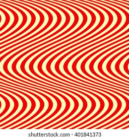 Pattern with symmetric geometric ornament. Striped red white abstract background. Abstract repeated wavy lines wallpaper. Vector illustration