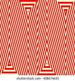 Pattern with symmetric geometric ornament. Striped red white abstract background. Abstract repeated triangles wallpaper. Vector illustration