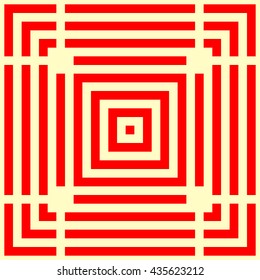 Pattern with symmetric geometric ornament. Striped red abstract background. Repeated stylized squares wallpaper. Vector illustration