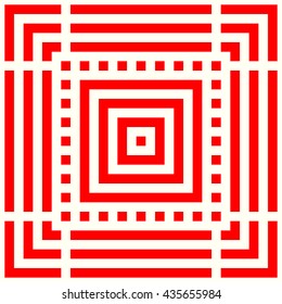 Pattern with symmetric geometric ornament. Striped red abstract background. Repeated stylized squares wallpaper. Vector illustration