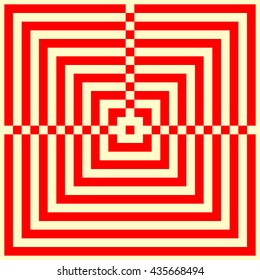 Pattern with symmetric geometric ornament. Striped red abstract background. Repeated stylized squares wallpaper. Vector illustration