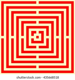 Pattern with symmetric geometric ornament. Striped red abstract background. Repeated stylized squares wallpaper. Vector illustration