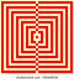 Pattern with symmetric geometric ornament. Striped red abstract background. Repeated stylized squares wallpaper. Vector illustration