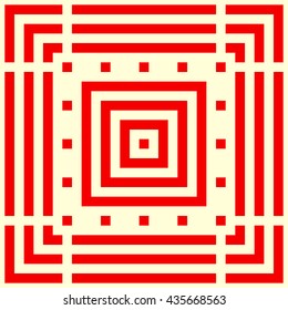 Pattern with symmetric geometric ornament. Striped red abstract background. Repeated stylized squares wallpaper. Vector illustration