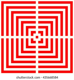 Pattern with symmetric geometric ornament. Striped red abstract background. Repeated stylized squares wallpaper. Vector illustration