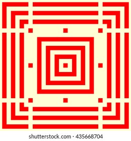 Pattern with symmetric geometric ornament. Striped red abstract background. Repeated stylized squares wallpaper. Vector illustration