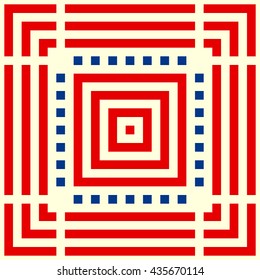 Pattern with symmetric geometric ornament. Striped colored abstract background. Repeated stylized squares wallpaper. Vector illustration