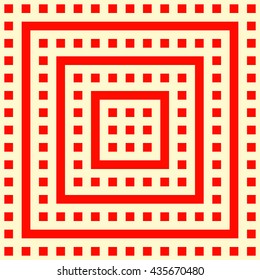 Pattern with symmetric geometric ornament. Striped red abstract background. Repeated stylized squares wallpaper. Vector illustration