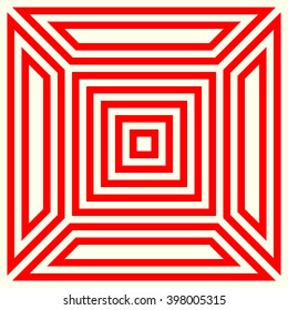 Pattern with symmetric geometric ornament.Optical illusion red white abstract background. Abstract repeated squared shape wallpaper. Vector illustration