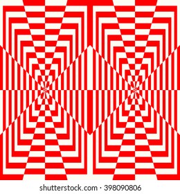 Pattern with symmetric geometric ornament.Optical illusion red white abstract background. Abstract repeated squared shape wallpaper. Vector illustration